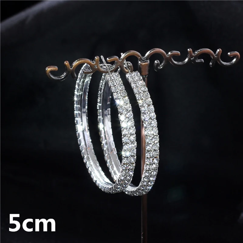 Sparkling Crystal Rhinestone Hoop Earrings for Women Silver Color Big Round Circle Statement Wedding Earrings Prom Gift