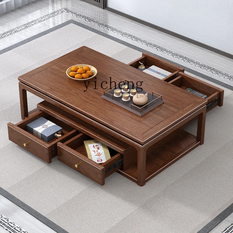 

TWR Solid Wood Rock Slab Coffee Table and TV Cabinet Set Walnut Small Apartment Tea Table