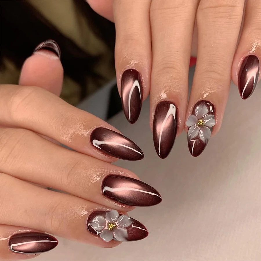 24-Piece Set of Burgundy Cat-Eye Almond-Shaped Press-On Nails with 3D Blue Flower Glitter Fake Nails, Including Jelly Glue and Nail File Set