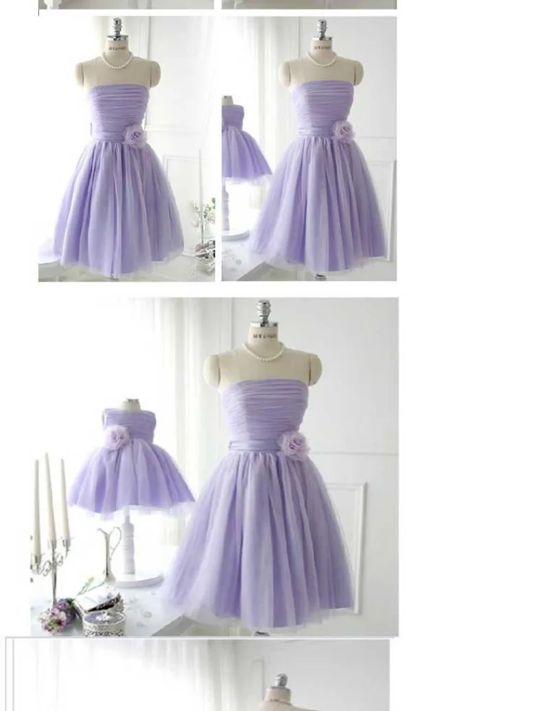 Reject Return Custom Made Short Bridesmaid Dresses Lilac Grass Purple White Pleat Mesh Tulle Strapless Prom Dresses With Bow