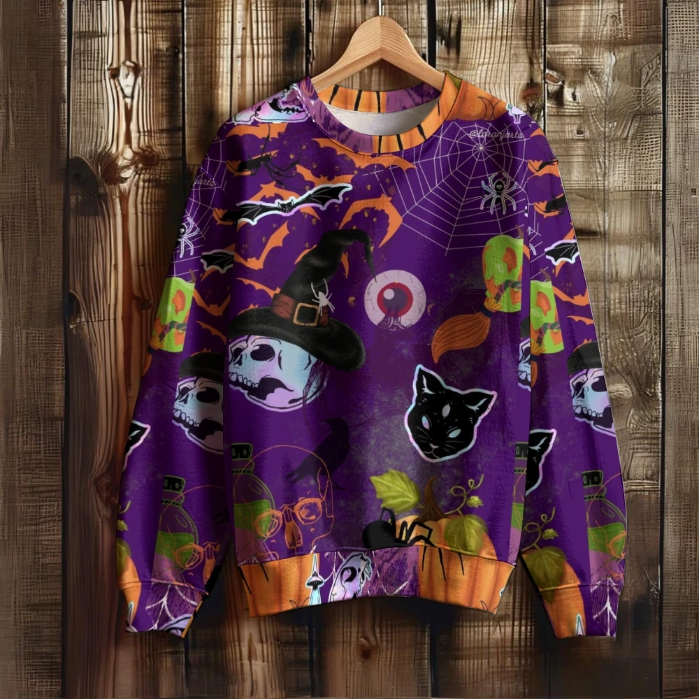 Purple Unisex Sweatshirt Halloween Elements For Women and Men Sweater Plus Size Tops Hoodie Y2K Long Sleeves Punk Style