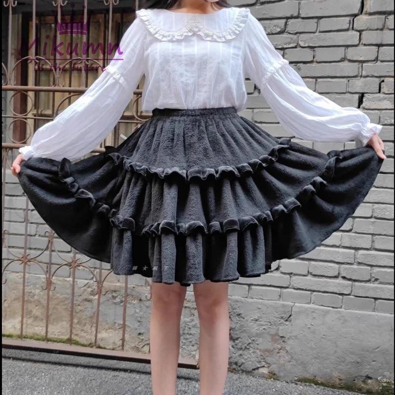 Imagem -06 - Harajuku Mulheres Inverno Engrossar Quente Saia de Pelúcia Y2k Doce Rosa Branco Cintura Alta Plissado Velo Fofo Kawaii Lolita Mini Saia