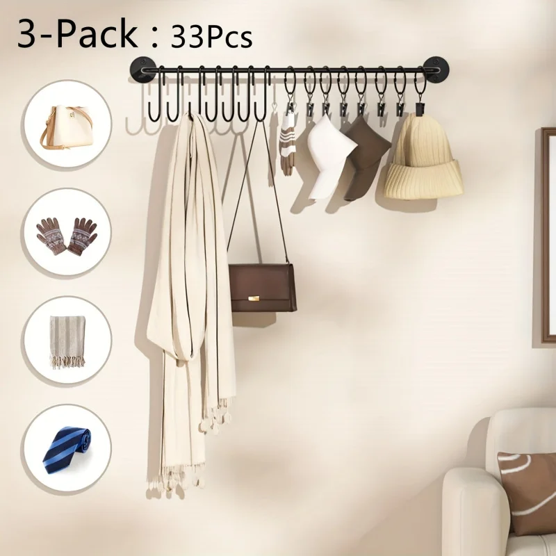 3-Pack Wall-Mounted Hat Rack with 20 Hooks and 10 Clips - Heavy-Duty Iron Space-Saving Organizer for Baseball Caps, Hats, Bags