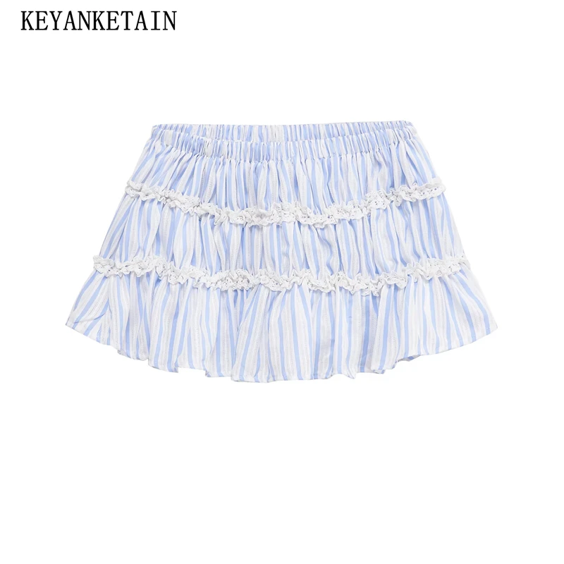 

KEYANKETIAN 2025 Summer New Y2K lace decoration stripes Mini skirt Elastic Waist Slim Spicy Girl A Line Skirt Short Pantskirt