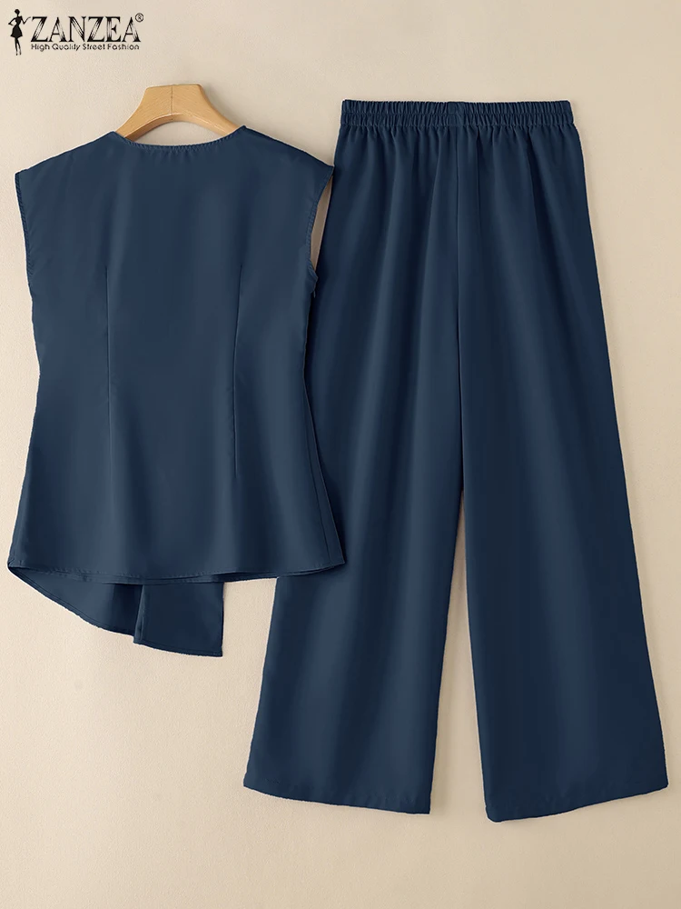 Zanzea escritório assimétrico bainha plissado regata 2 peça define 2025 verão moda feminina chique calça define calças de perna larga 2pcs ternos