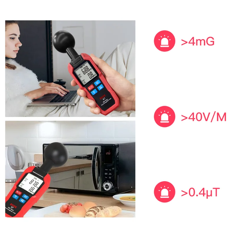 เครื่องวัดสนามแม่เหล็กไฟฟ้า K7วัดแรงรังสีแม่เหล็กไฟฟ้าแบบพกพาความแม่นยำสูงพร้อมการทดสอบอุณหภูมิโดยรอบ