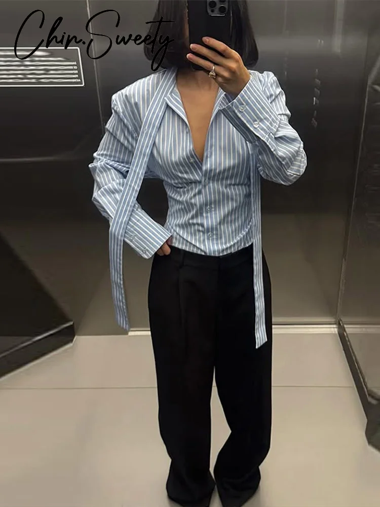 Casual Lace Up frauen Hemd Taille-Geschlossen Volle Hülse Taste Drehen-unten Kragen Dame Bluse 2026 frühling Chic Weibliche Straße Top Neue