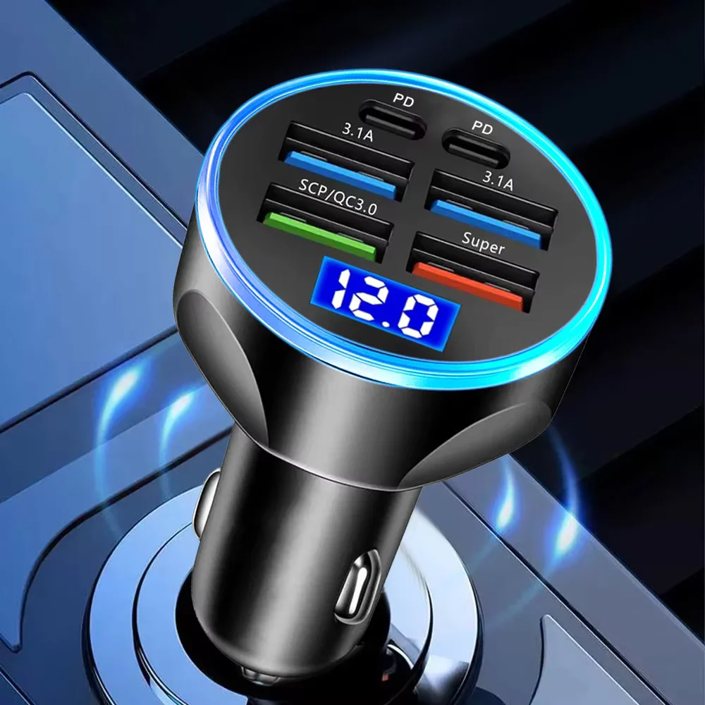 250WPD Car Charger with Digital Display QC3.0 Fast Charge 5-Port One to Six Car Cigarette Lighter Plug Flash Charge for Vehicles