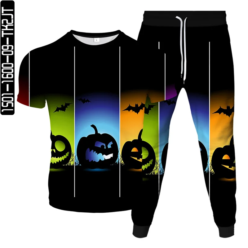 

Holloween Pumpkin Lantern Punk Style Men Tracksuit T-Shirt Jogging Pants 2Pcs Clothing Sets Women Casual Suit Oversized S-6XL