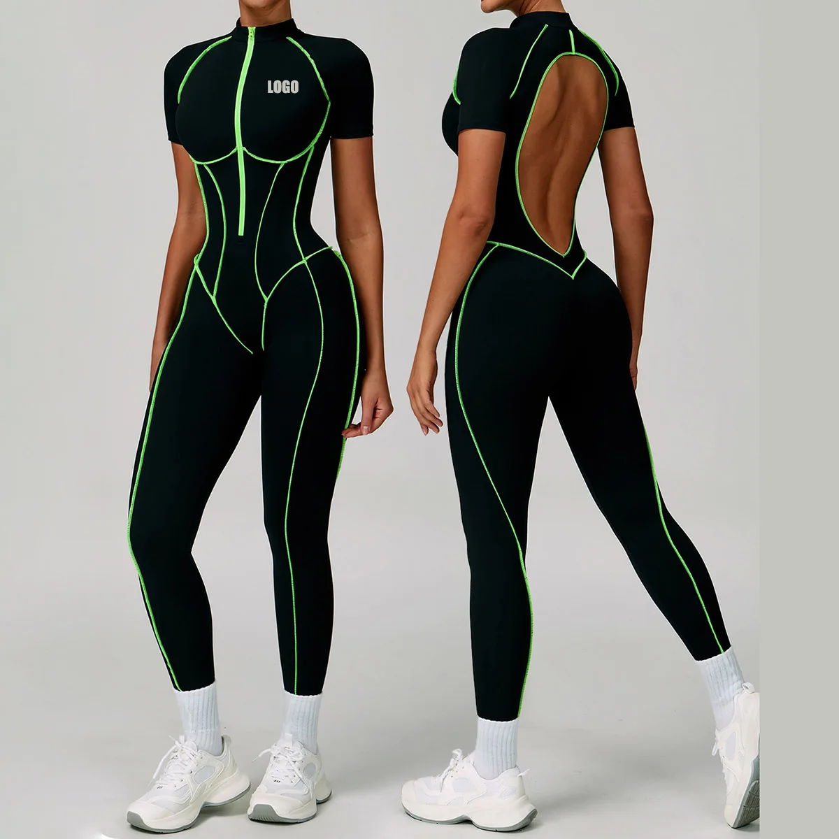 

Custom LOGO women's new yoga fitness clothes hollowed out beautiful back tight running sports short sleeves trousers onesie