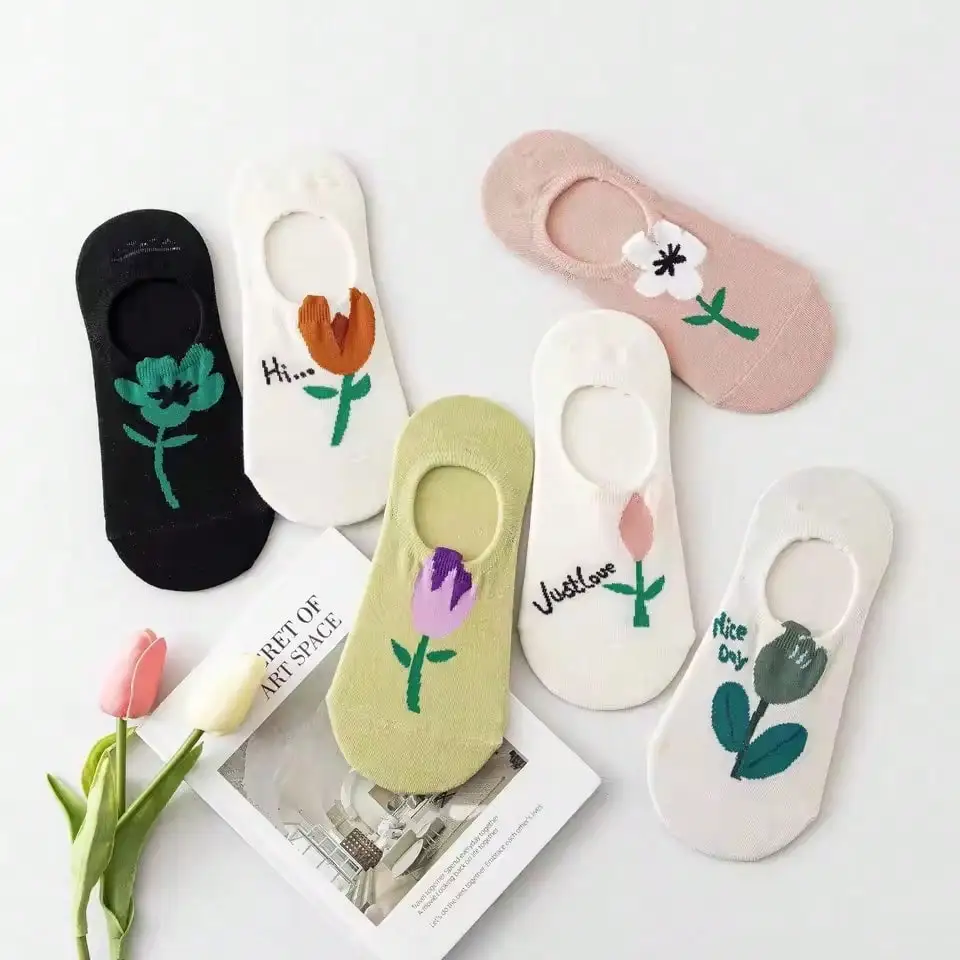 5 Pairs Women Socks Spring Summer Thin Candy Colors Cartoon Flower Boat Socks Female Cute Shallow Mouth Invisible Socks image 6