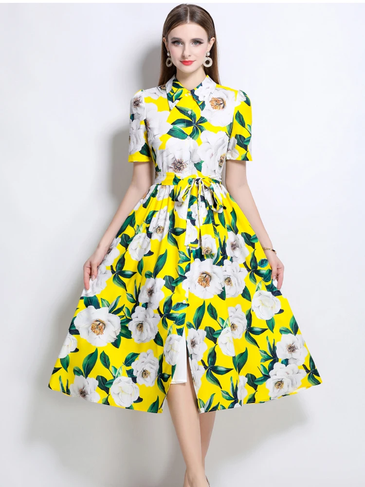 Fashion Casual Bloemenprint Shirt Jurk Voor Vrouwen Zomer Revers Korte Mouw Vrouwelijke Elegante Boog Riem Vakantie Feestjurk Vestidos