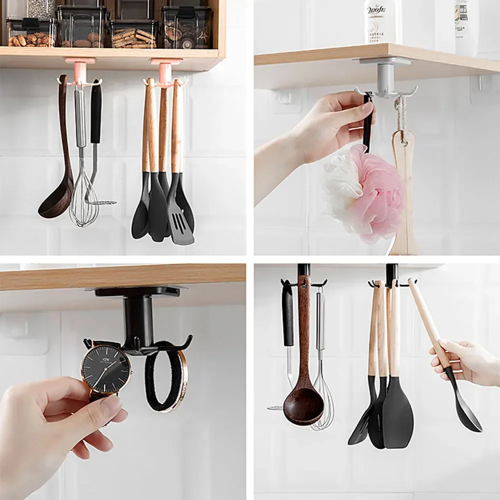 New 360 Degrees Rotated Kitchen Hooks Self Adhesive 6 Hooks Home Wall Door Hook Handbag Clothes Ties Bag Hanger Hanging Rack