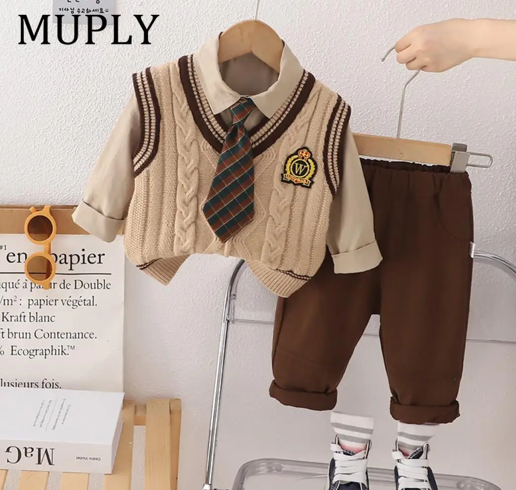 

3PCS Boys Sweater Sets Spring Autumn Kids V-neck Preppy Knitted Vest+T-shirts+Pants Casual Toddler Outfits Infant Baby Clothing