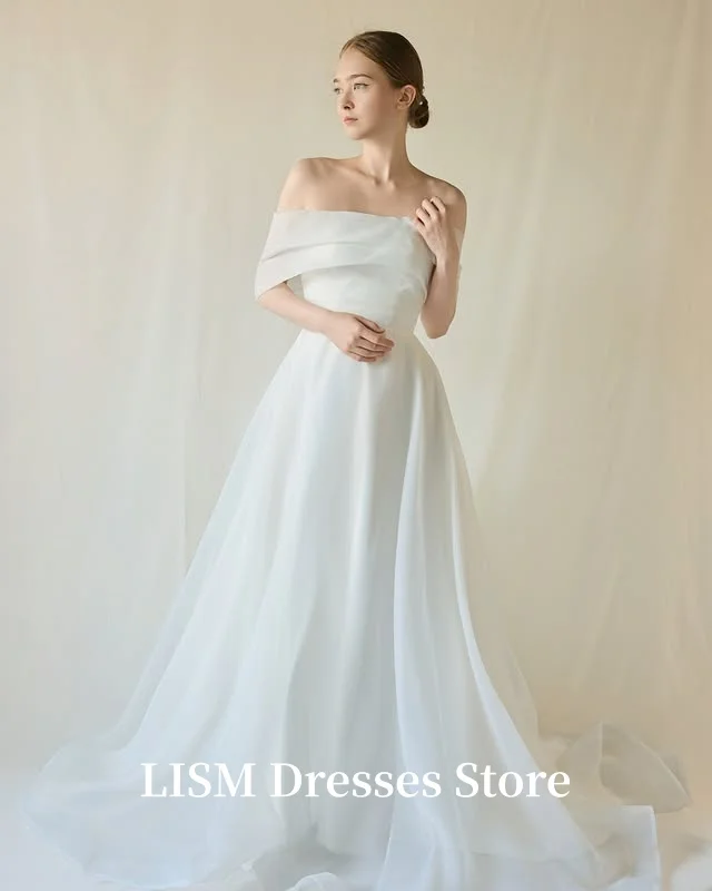 LISM Simple Off Shoulder Korea Wedding Dresses A-Line Soft Organza Photo Shoot Elegant Bridal Gowns 웨딩드레스 Customized
