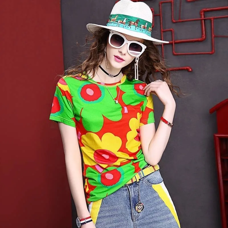 Women's Summer Fashion Simplicity Printing O-neck Short Sleeve T-Shirt Women Clothes Trend All-match Elegant Temperament Tops