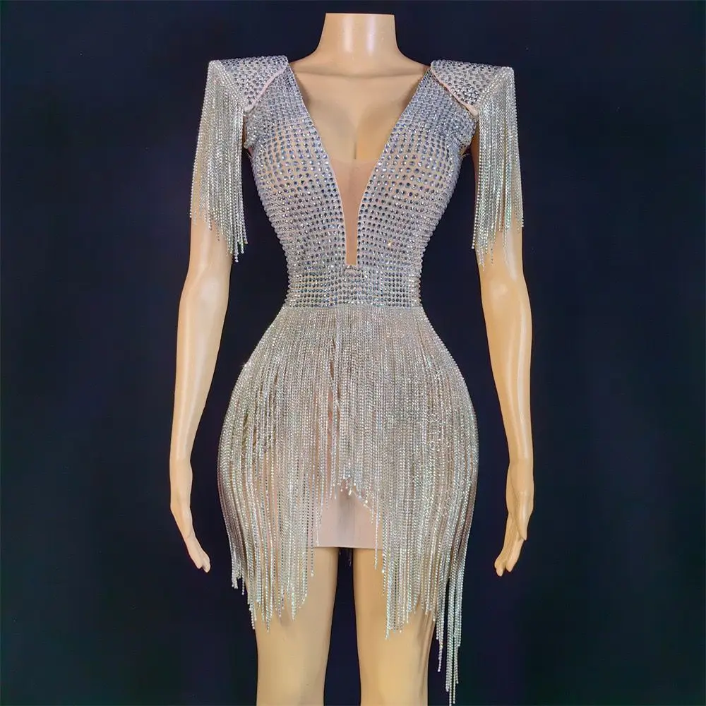 Abito corto sexy con scollo a V e nappe con strass super flash di alto lusso Abito da festa da socialite Abito da prestazione Abiti da sera di lusso