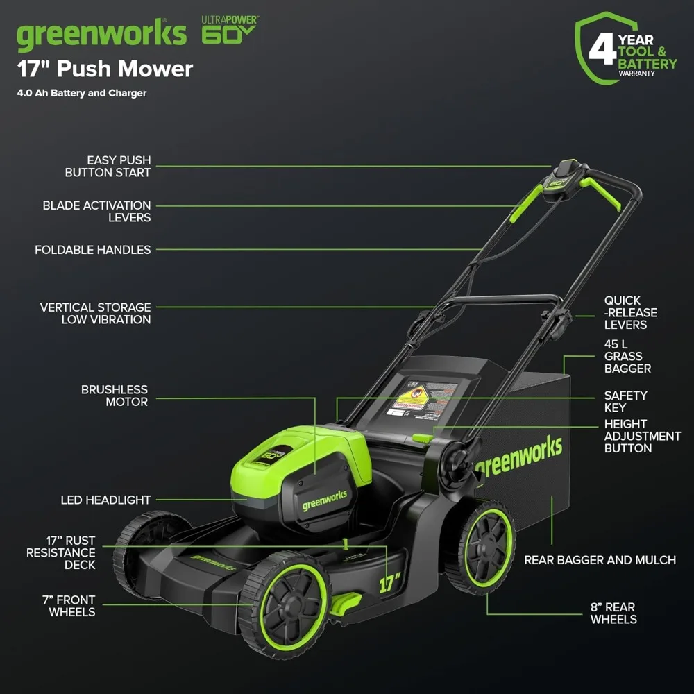 Tosaerba a batteria Greenworks da 60 V con larghezza di taglio da 17 pollici, capacità di mulching e imballaggio, alimentato da batteria da 4,0 Ah e 3