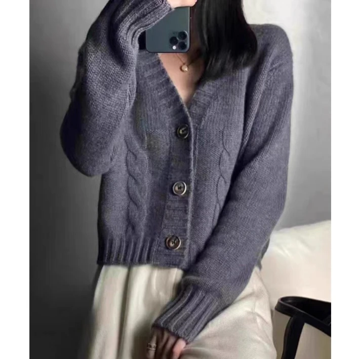 

Harajuku Long Sleeve Women Cardigan Sweater Korean solid Streetwear thickening short Coats Casual loose Chic V-neck Y2k Sweater
