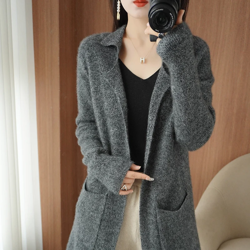 2022 Autumn/Winter New Fashion 100% Wool Cardigan Women\'s Long Sleeve Knitted Jacket Female Loose Coat Sweater Standard Spring