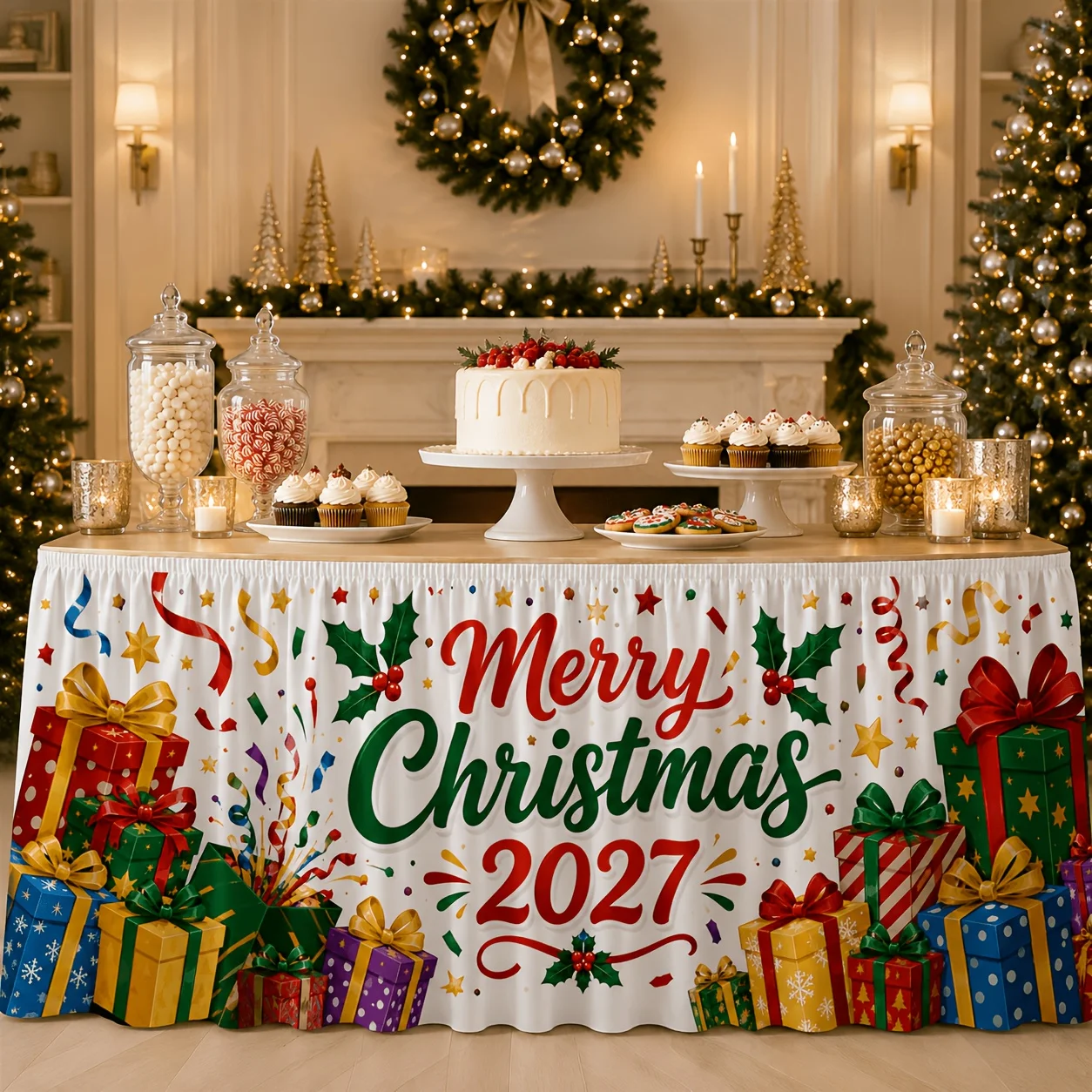 1 piece tablecloth table skirt 2027 Merry Christmas gift box, holly leaf sequined ribbon star pattern tablecloth