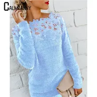 Autumn Winter Sweet Korean Fashion Casual Solid Pullover O-Neck Pullover Plush Warm Sweat Ladies Sweater Lace Women Knit Sweater