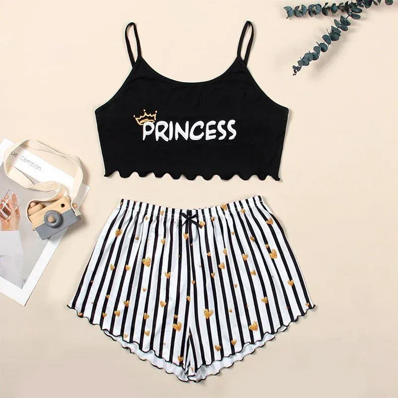  Princess Print Casual Sleeveless Striped Tank Top Vest + Shorts Set Pajamas Set Women Sleepwear Sexy Lingerie Pijamas Homewear 