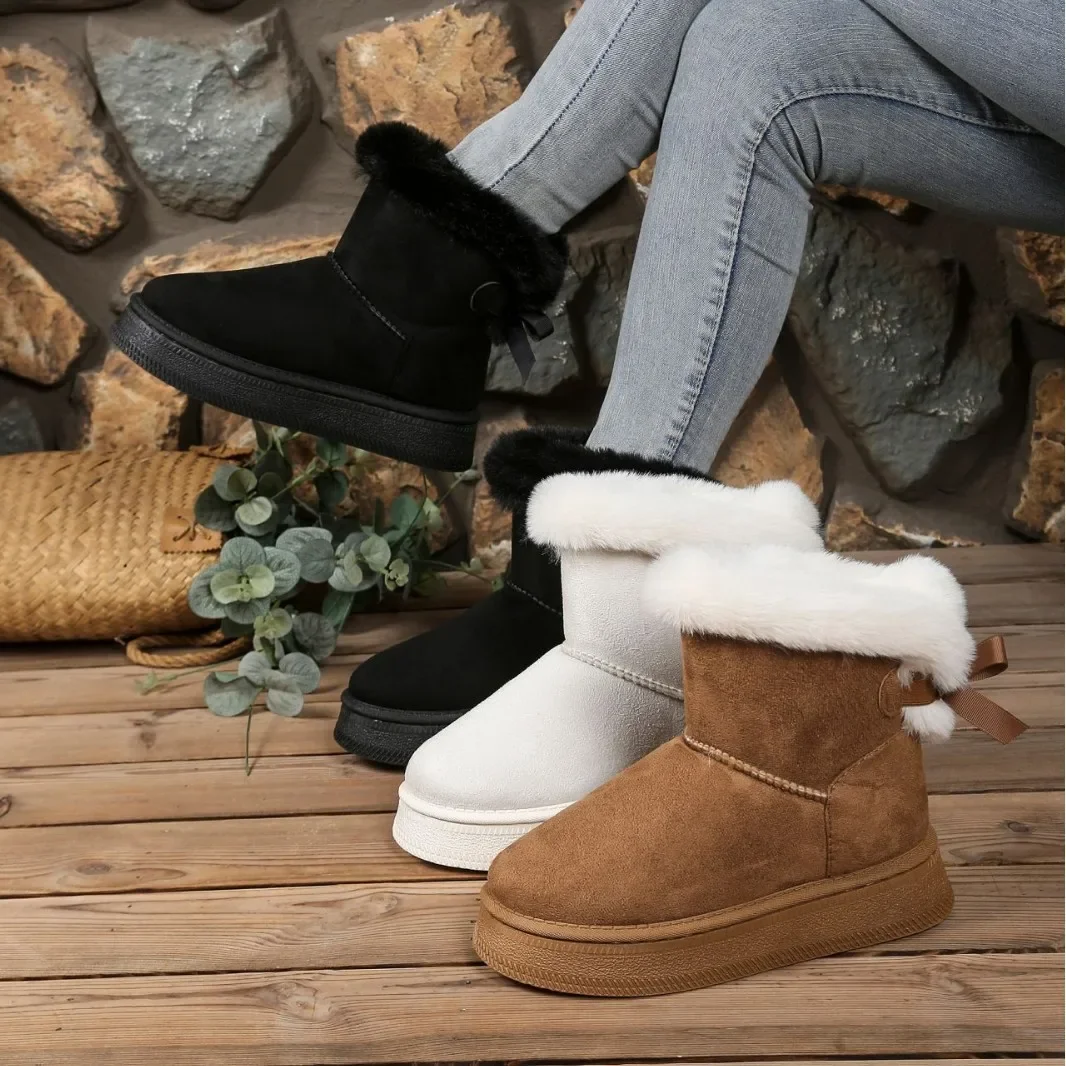 

Winter Thick Bottom Plush Lined Casual Snow Cotton Boots for Women Warm Anti Slip Butterfly Knot Cross Border round Toe Rubber S