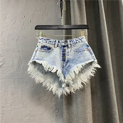Women's Ripped Mid Rise Denim Jeans Shorts Summer Button Tassel Single-breasted Wide-leg Denim Shorts Jeans Streetwear