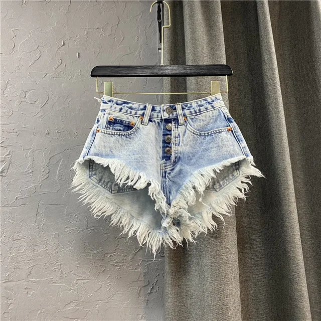 Spodenki damskie z rozerwanym dżinsy z frędzlami z frędzlami jednorzędowe spodenki z szerokimi nogawkami Jeans Streetwear