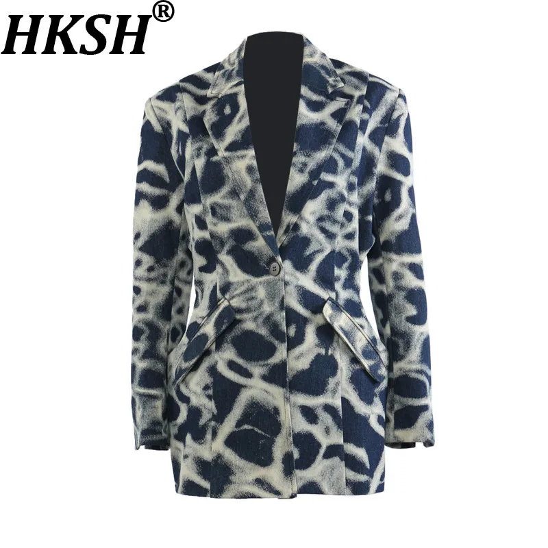 

HKSH 2026 Spring Autumn New Women's Blazer Tie-dye Single Button Pockets Waist Cinching Elegant Coats Retro Denim Jacket HK18495