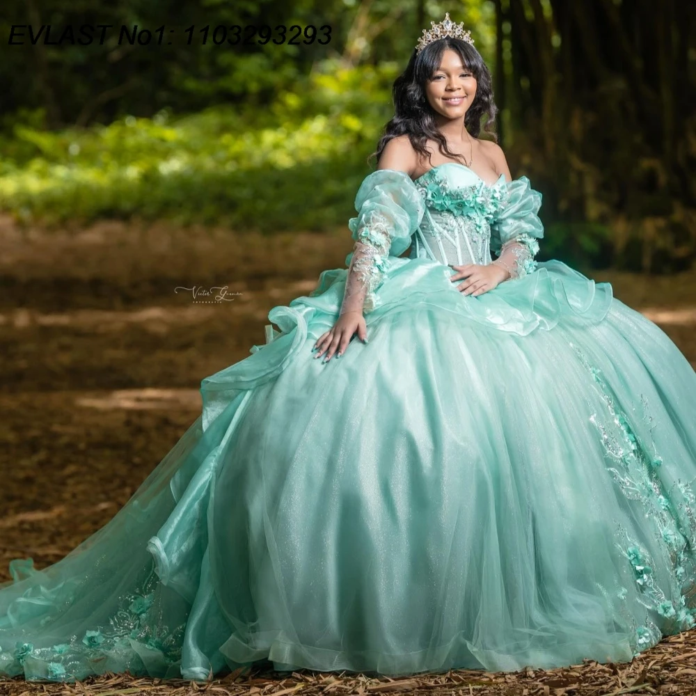 EVLAST Customized Sparkly Sage Green Ball Gown Quinceanera Dress Lace Applique Beading Sweet 16 Vestidos De 15 Anos E1QN294