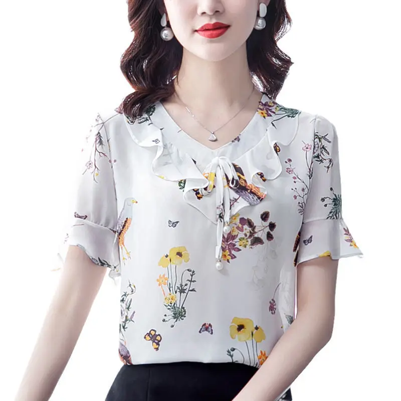 Women\'s Clothing Fashion Elegant Short Sleeve Floral Chiffon Shirt 2023 New Casual Female Summer Ruffles Spliced V-Neck Blouse