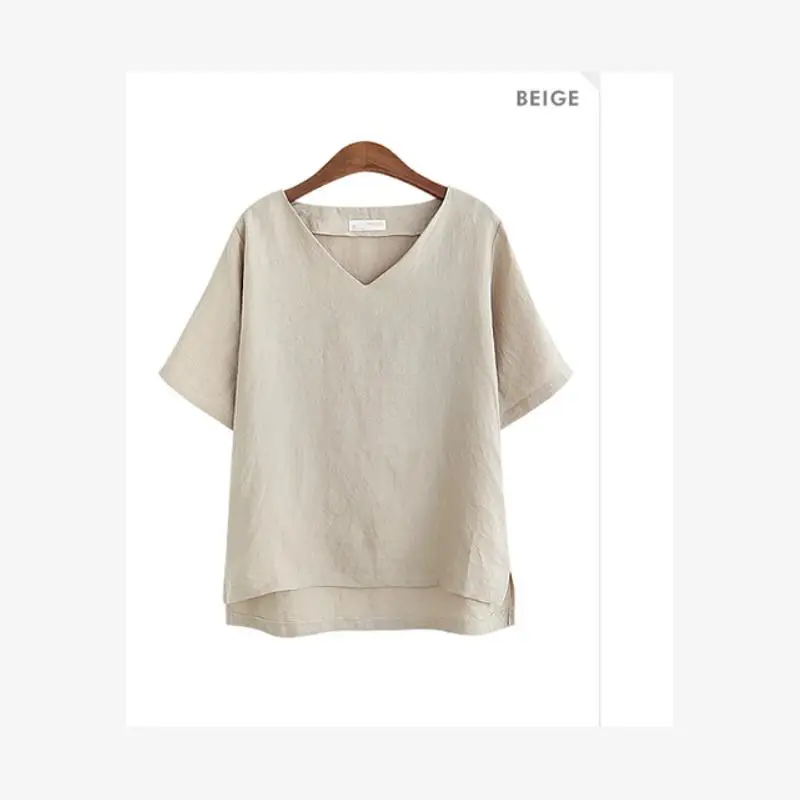 Base feminina solta de linho de algodão irt V-Ne primavera verão rua sle plus size faion doce sle emenda assimétrica