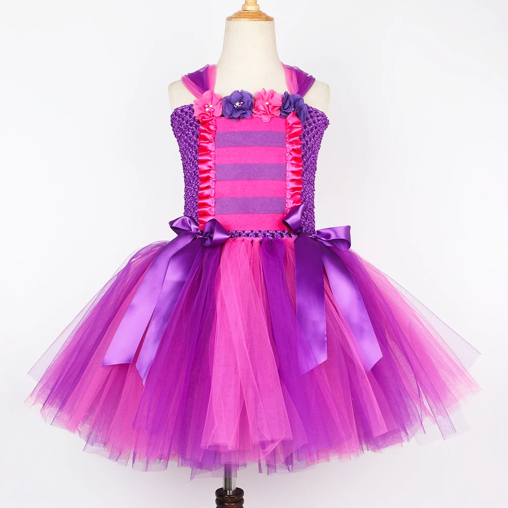 Girls Cheshire Cat Costume Pink Purple Striped Wonderland Magic Cat Tutu Dress Outfit Kids Halloween Birthday Princess Dress Up