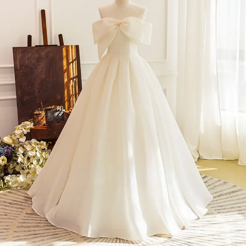 Satin White Wedding Dresses for Bride Elegant Boat Neck Evening Dress Chic Sweet Bow Party Formal Dress Gown Solid Vestido