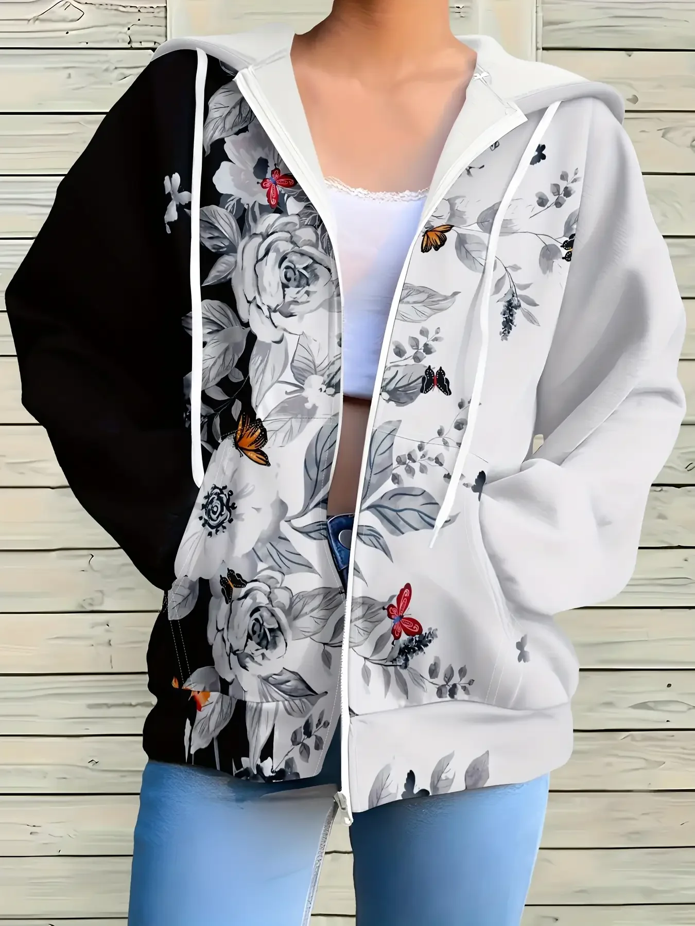 

2026 New Women's Printed Zipper Hoodie - Retro Fashion Full Zipper Hoodie with Pocket, Black and white patchwork hoodie