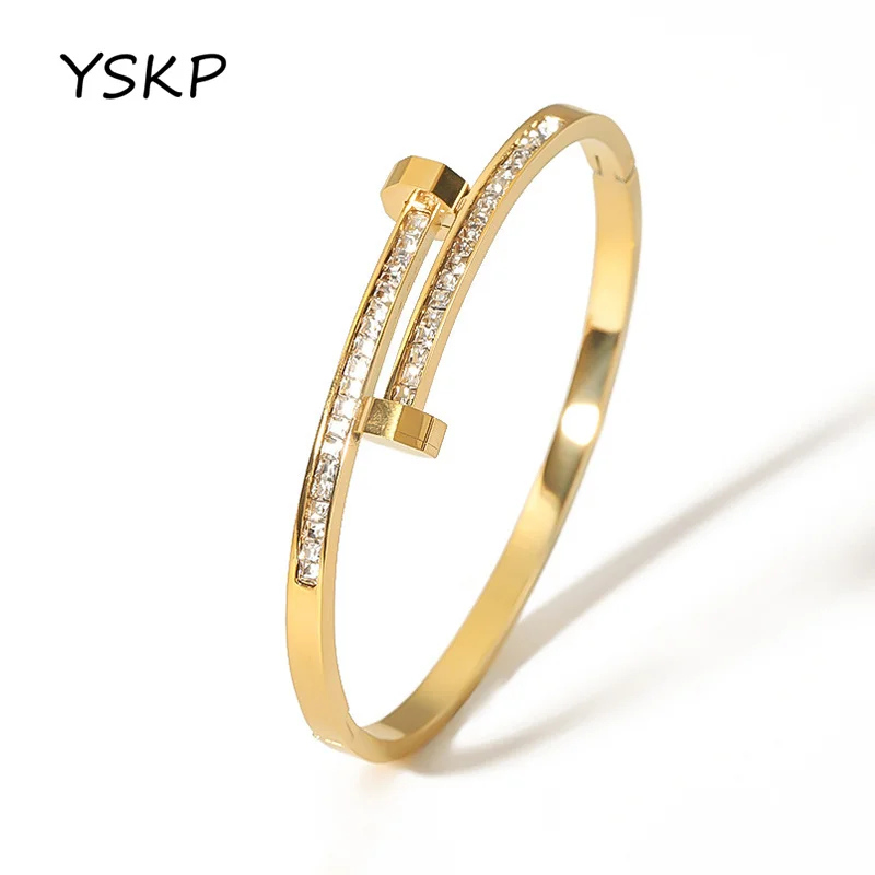 

YSKP Fashion Nail Nut Bangle For Women Gold Color Stainless Steel Couple Bracelet Daily Wear Jewelry