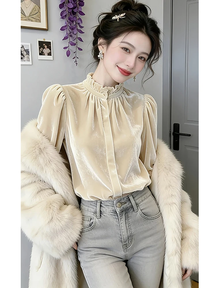 

Ele Long Sve irt with Wood ain Design Stand Collar Commute Faion Top Women's Premium Quali irt