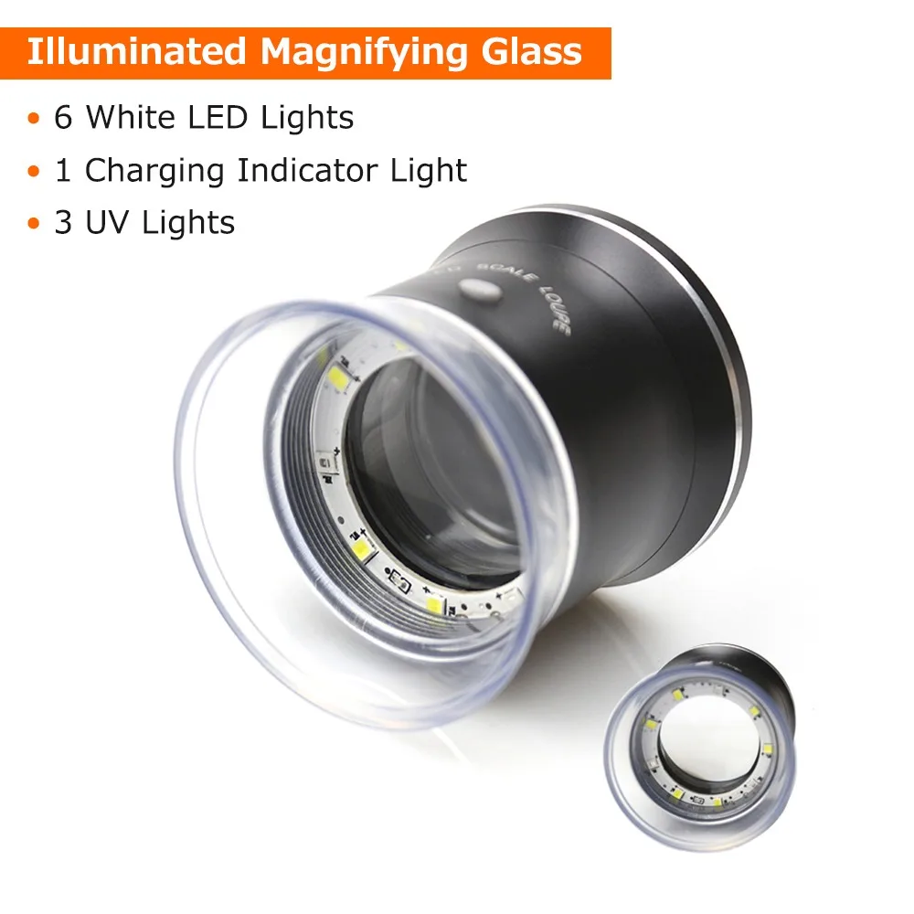 30X Magnification LED Scale Loupe USB Charging 6 White Lights Illuminated Magnifier Black Rechargeable Magnifying Glass