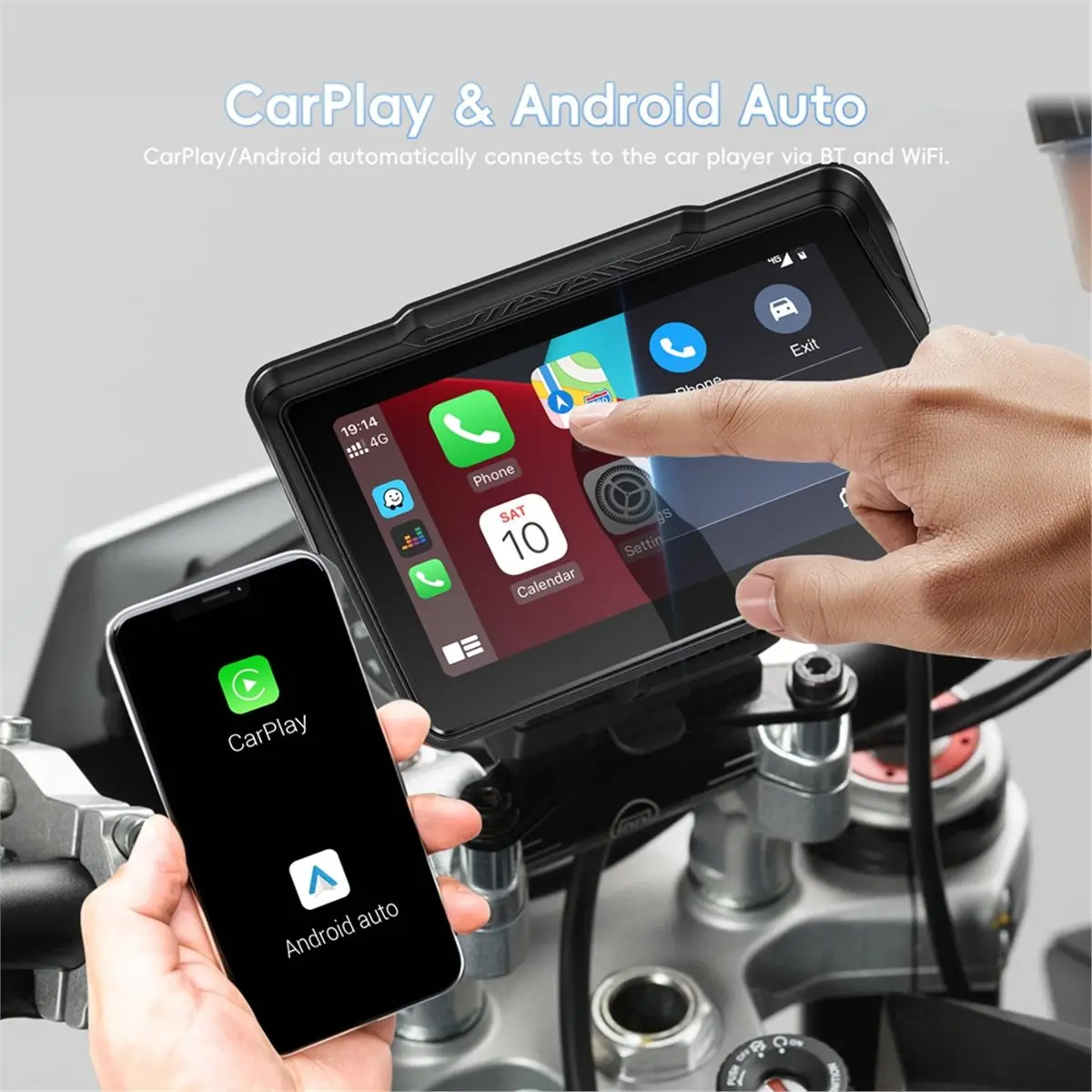 Motorcycle CarPlay Screen 7 Inch Wireless Carplay Android Auto Waterproof Touchscreen, Supports Navigation Bluetooth