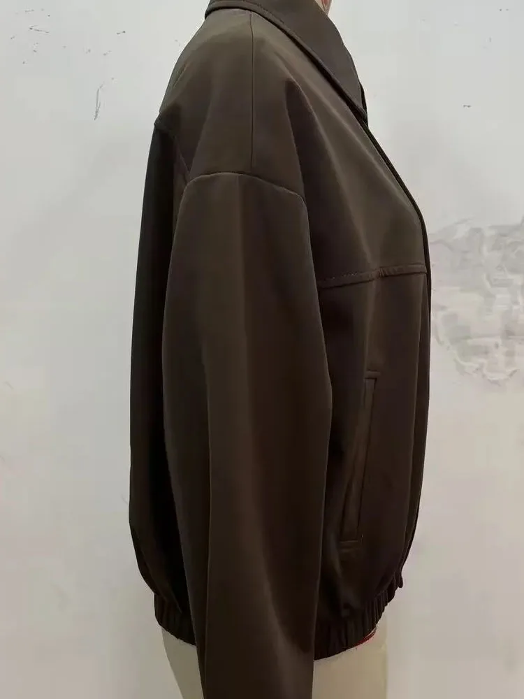 

HH Women Fashion Simple Zipper Single-breasted Bomber Jacket Female Winter Long Sleeve Turn-down Collar Pockets Solid Jacket