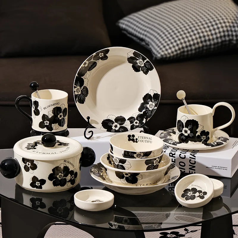 Retro Ceramic Tableware Set Household Rice Soup Noodle Bowls Plates Coffee Cups Saucers High Appearance Level Tableware Tools