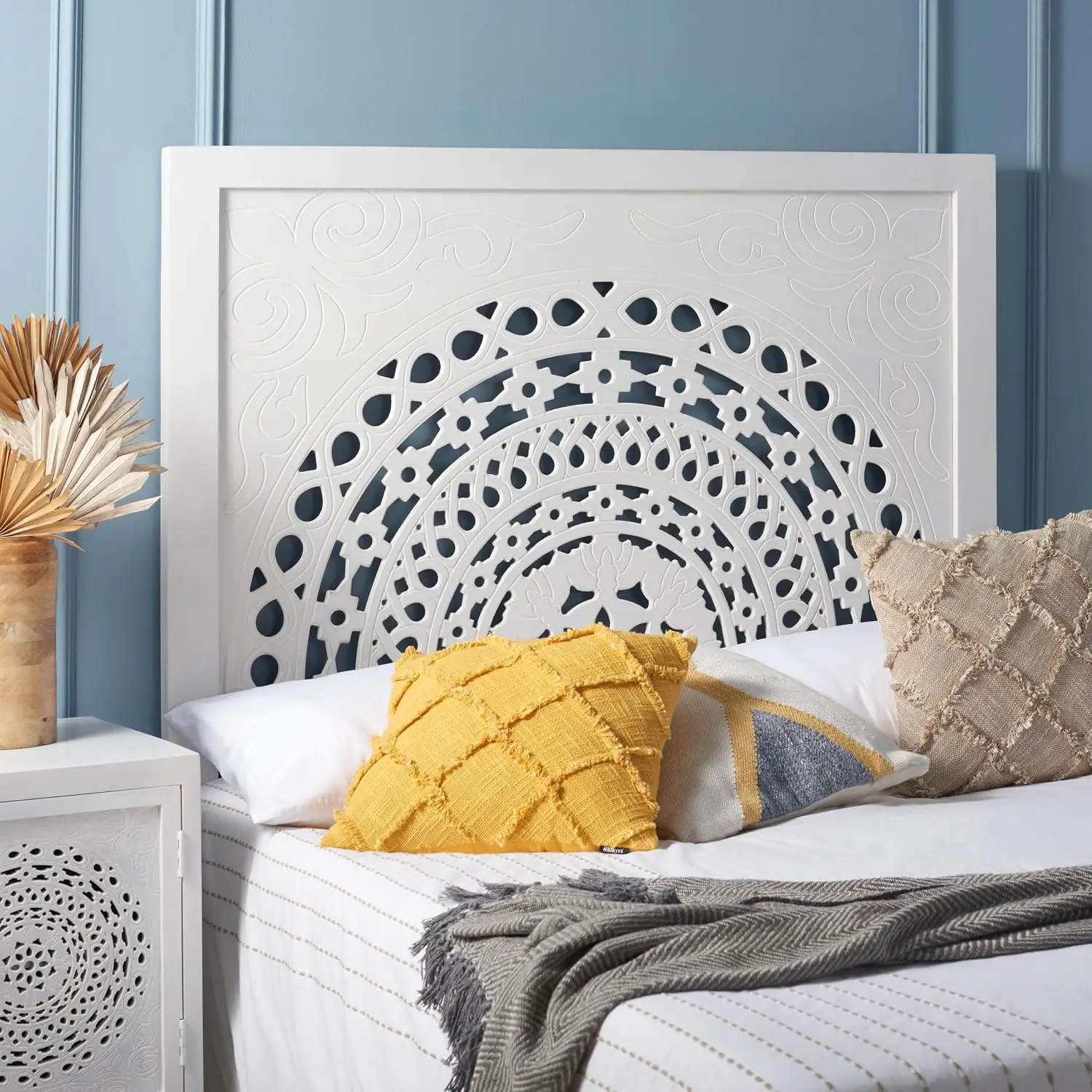 White Wash Full Size Headboard Wooden Panel Bedroom Furniture, Customized