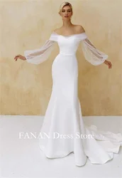 Fanan Diamond White Mermaid Crepe Puff Sleeves Customized Puff Sleeves Wedding Gown Elegant Wedding Dresses without Sleeves