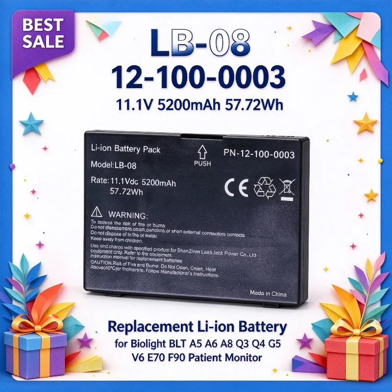 LB-08 12-100-0003 11.1V 5200mAh 57.72Wh Replacement Li-ion Battery for Biolight BLT A5 A6 A8 Q3 Q4 Q5 V6 E70 F90 Patient Monitor