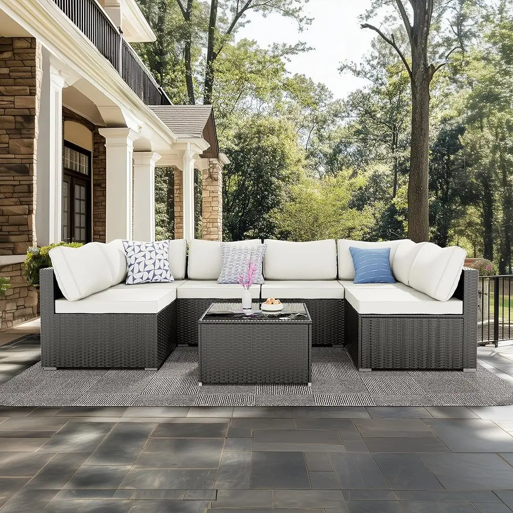 

7 Pieces Patio Furniture Set - Outdoor Sectional Wicker Rattan Furniture With Cushion And Glass Table Patio Conversation Sets