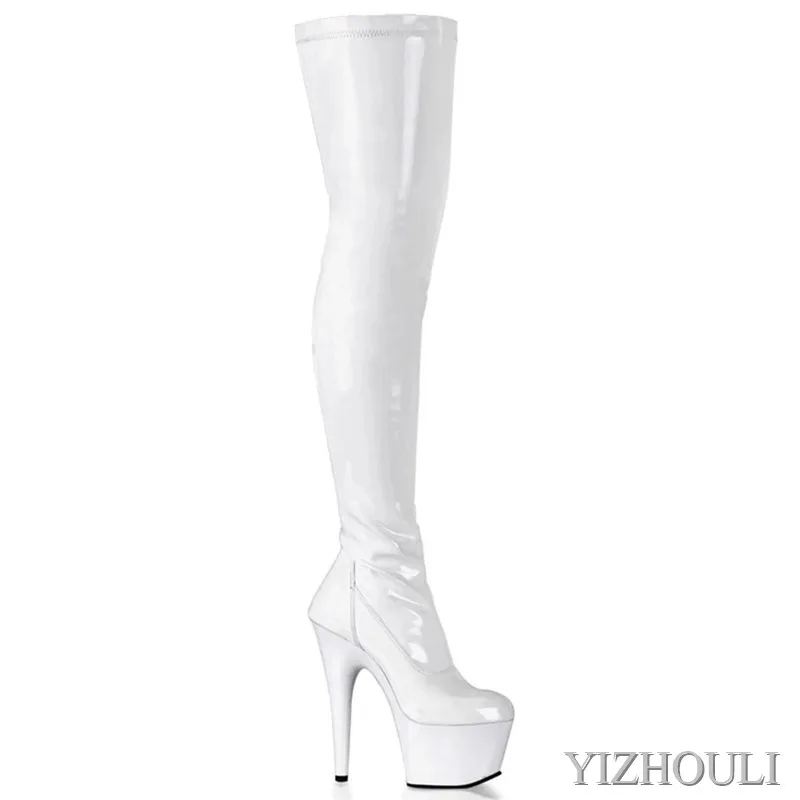 17cm heels sexy over-the-knee boots, shiny lacquered upper stage shoes, plus size pole dancing boots for models dance shoes