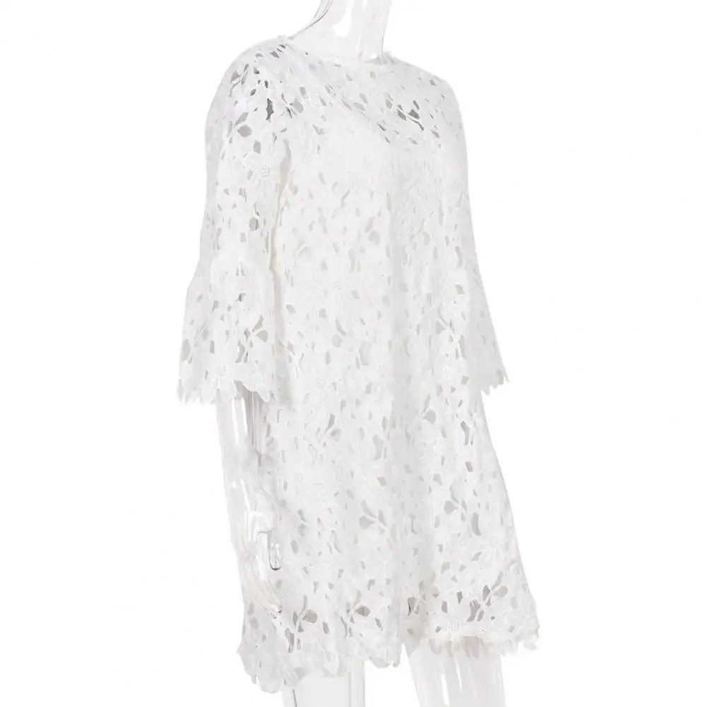 Two Pieces Set Women Sling Dress Cover-Up Set Lace Flare Sleeve Women Autumn Dress See Through Tunic Dress Sets White