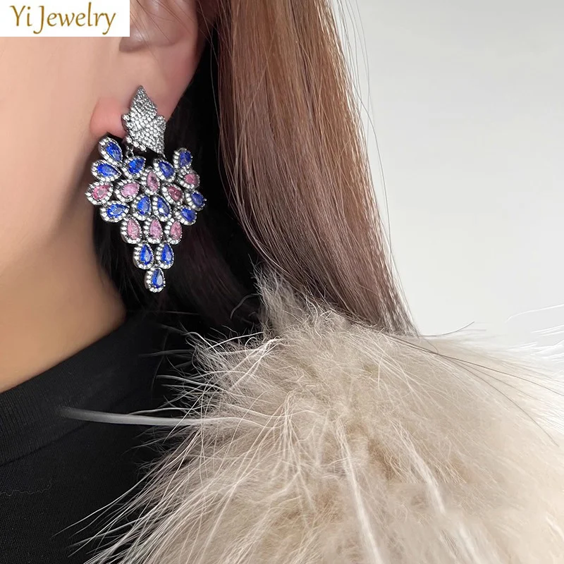 luxury earrings for women sparkly zirconia purple blue silver gold color large dangling earrings dinner party wedding jewelry